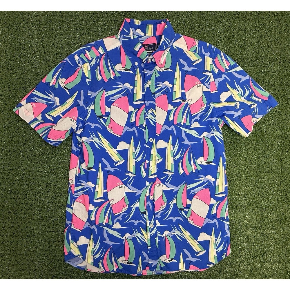 Vineyard Vines Mens Small Blue Neon Classic Fit Whale Shirt Button Down Sailboat